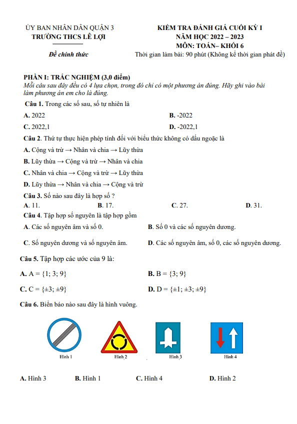 Đề cuối học kì 1 (HK1) lớp 6 môn Toán năm 2022 2023 trường THCS Lê Lợi TP HCM
