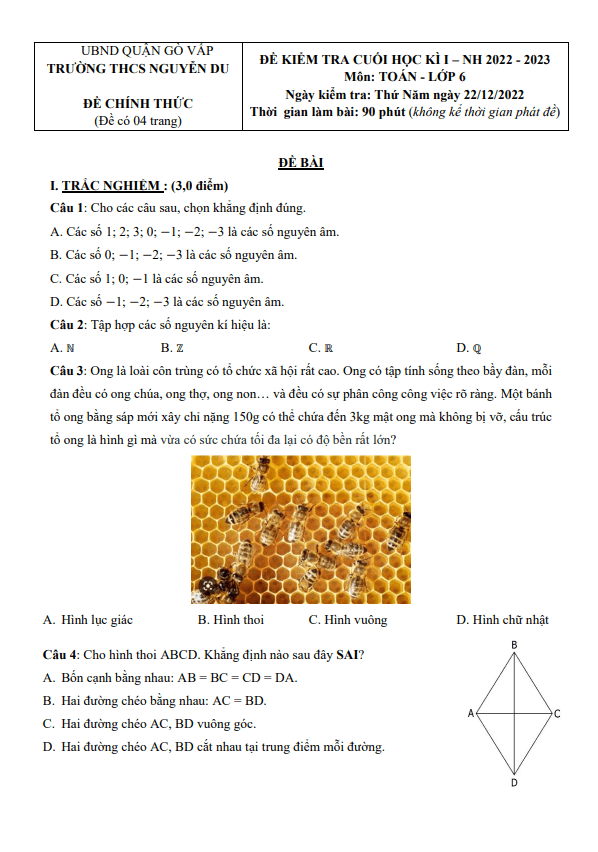 Đề cuối học kì 1 (HK1) lớp 6 môn Toán năm 2022 2023 trường THCS Nguyễn Du TP HCM