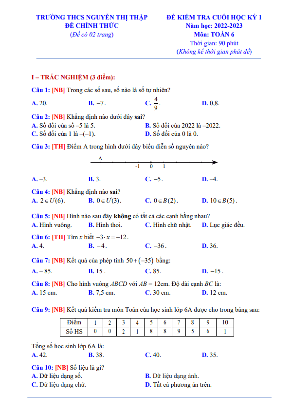 Đề cuối học kì 1 (HK1) lớp 6 môn Toán năm 2022 2023 trường THCS Nguyễn Thị Thập TP HCM