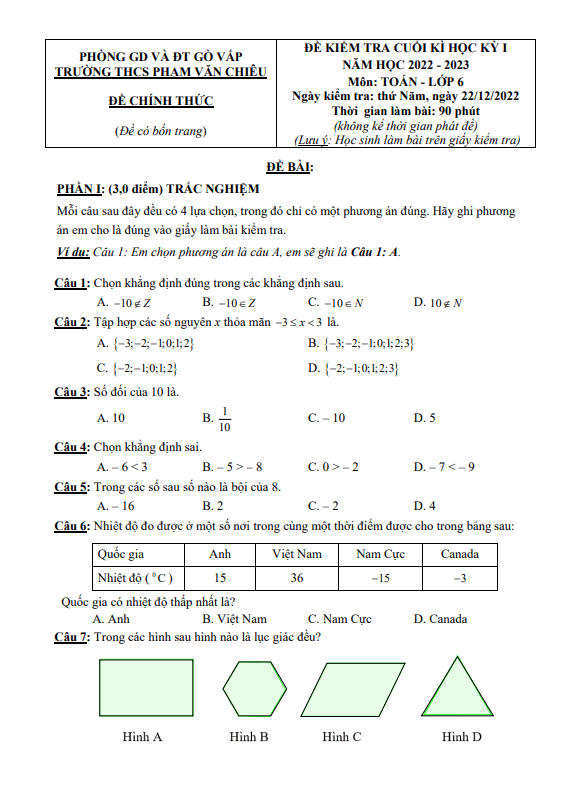Đề cuối học kì 1 (HK1) lớp 6 môn Toán năm 2022 2023 trường THCS Phạm Văn Chiêu TP HCM