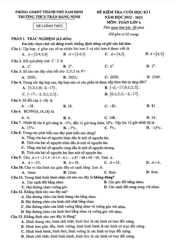 Đề cuối học kì 1 (HK1) lớp 6 môn Toán năm 2022 2023 trường THCS Trần Đăng Ninh Nam Định