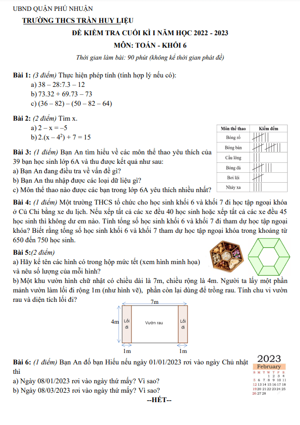 Đề cuối học kì 1 (HK1) lớp 6 môn Toán năm 2022 2023 trường THCS Trần Huy Liệu TP HCM