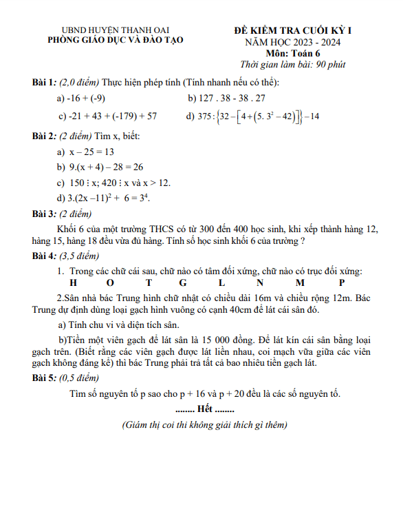 Đề cuối học kì 1 (HK1) lớp 6 môn Toán năm 2023 2024 phòng GD ĐT Thanh Oai Hà Nội