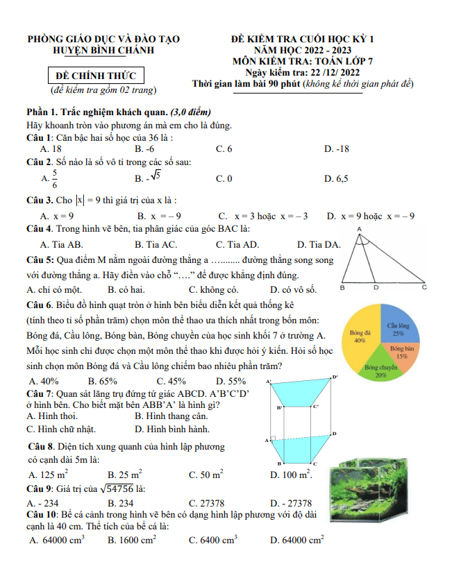 Đề cuối học kì 1 (HK1) lớp 7 môn Toán năm 2022 2023 phòng GD ĐT Bình Chánh TP HCM