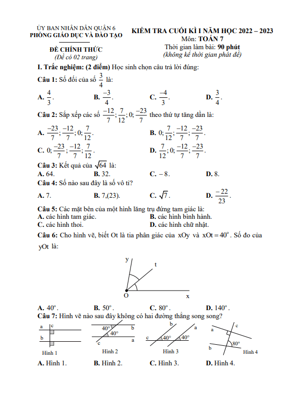 Đề cuối học kì 1 (HK1) lớp 7 môn Toán năm 2022 2023 phòng GD ĐT Quận 6 TP HCM