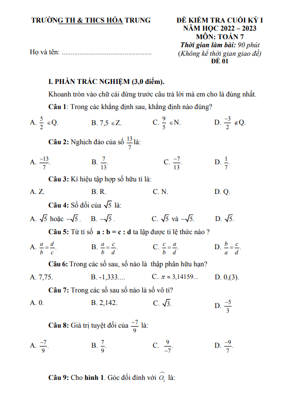 Đề cuối học kì 1 (HK1) lớp 7 môn Toán năm 2022 2023 trường TH THCS Hóa Trung Thái Nguyên