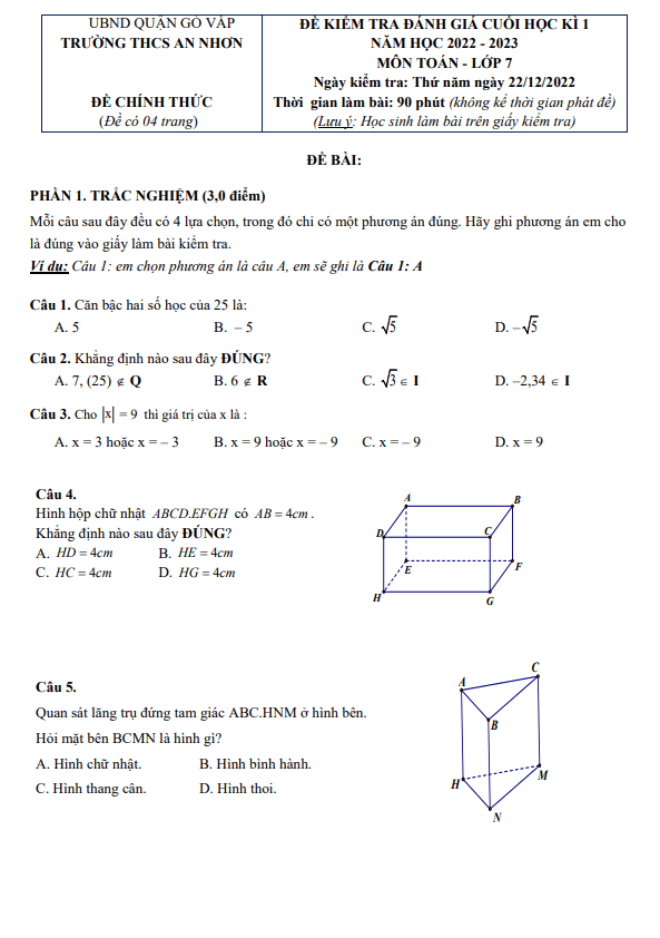 Đề cuối học kì 1 (HK1) lớp 7 môn Toán năm 2022 2023 trường THCS An Nhơn TP HCM