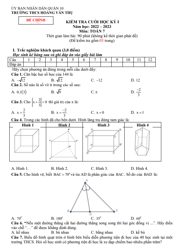 Đề cuối học kì 1 (HK1) lớp 7 môn Toán năm 2022 2023 trường THCS Hoàng Văn Thụ TP HCM