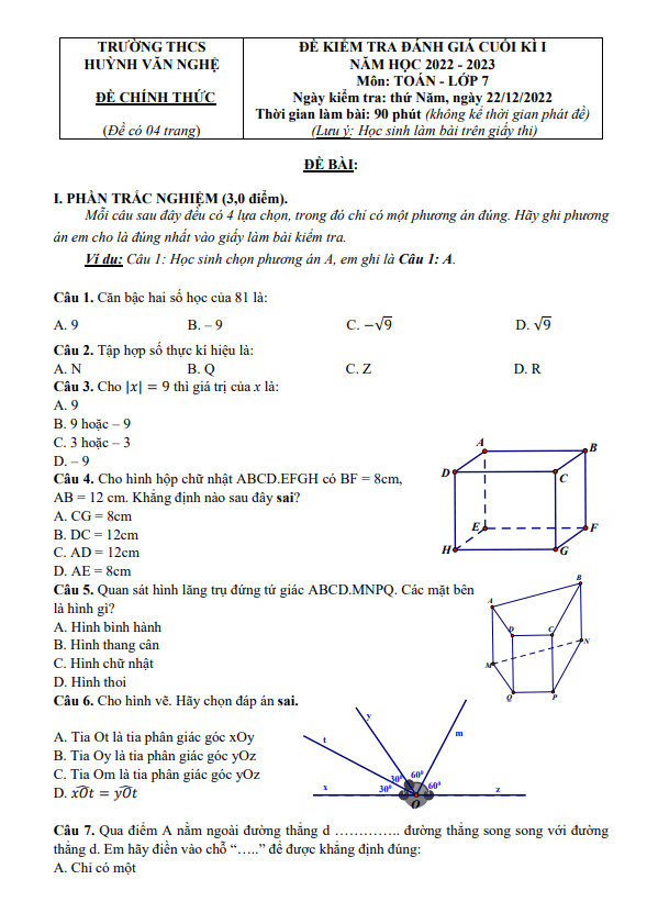 Đề cuối học kì 1 (HK1) lớp 7 môn Toán năm 2022 2023 trường THCS Huỳnh Văn Nghệ TP HCM