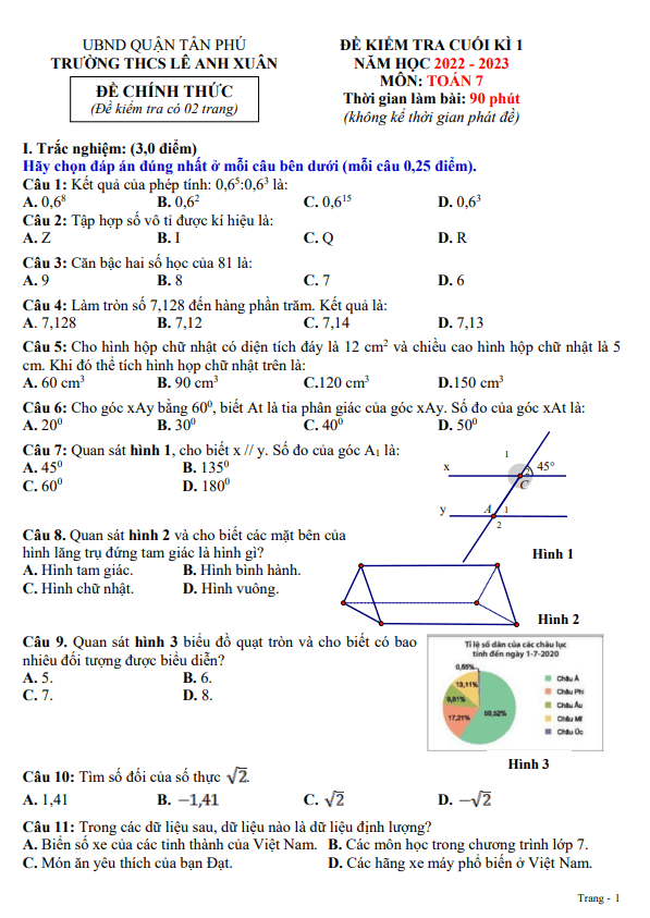 Đề cuối học kì 1 (HK1) lớp 7 môn Toán năm 2022 2023 trường THCS Lê Anh Xuân TP HCM