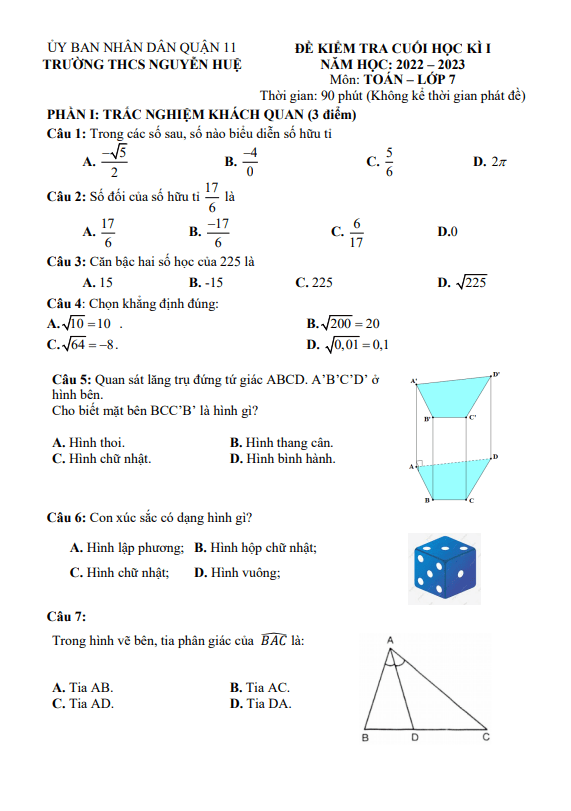Đề cuối học kì 1 (HK1) lớp 7 môn Toán năm 2022 2023 trường THCS Nguyễn Huệ TP HCM