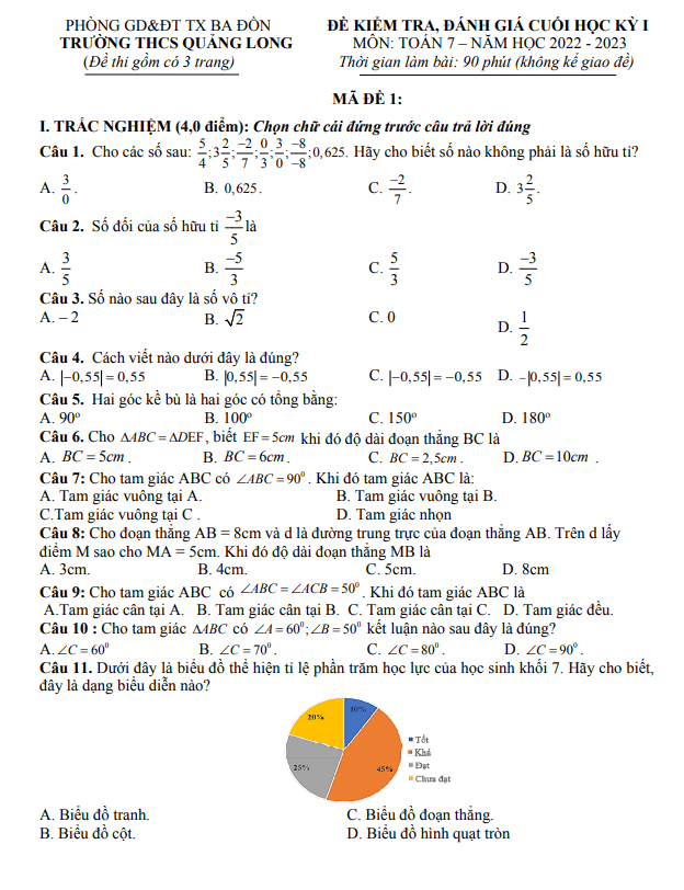Đề cuối học kì 1 (HK1) lớp 7 môn Toán năm 2022 2023 trường THCS Quảng Long Quảng Bình