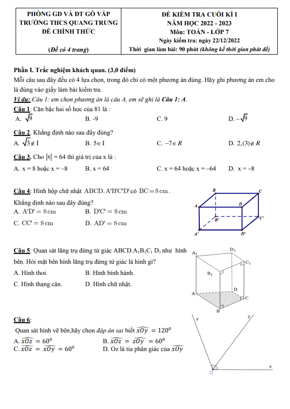 Đề cuối học kì 1 (HK1) lớp 7 môn Toán năm 2022 2023 trường THCS Quang Trung TP HCM