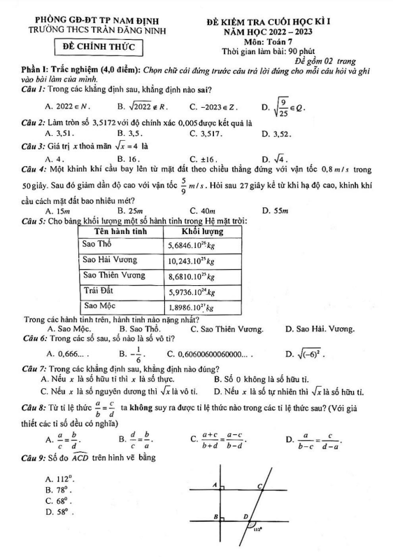 Đề cuối học kì 1 (HK1) lớp 7 môn Toán năm 2022 2023 trường THCS Trần Đăng Ninh Nam Định