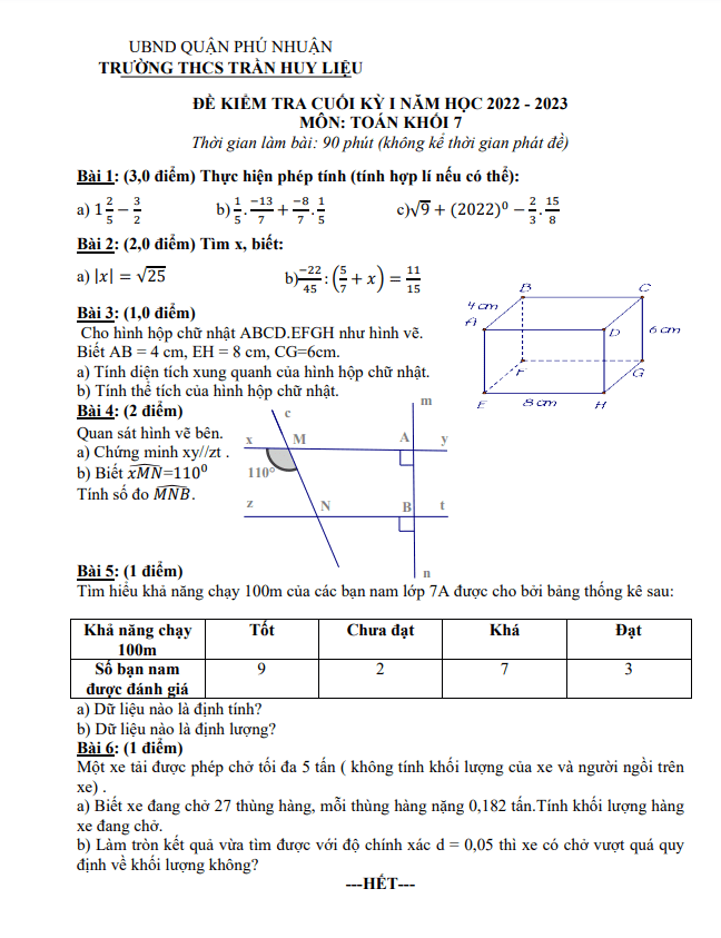 Đề cuối học kì 1 (HK1) lớp 7 môn Toán năm 2022 2023 trường THCS Trần Huy Liệu TP HCM