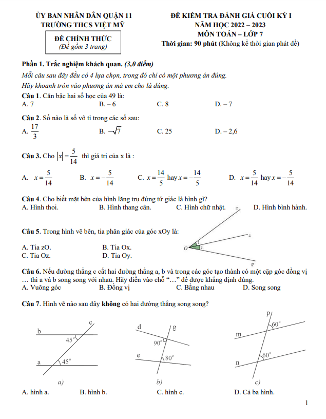 Đề cuối học kì 1 (HK1) lớp 7 môn Toán năm 2022 2023 trường THCS Việt Mỹ TP HCM