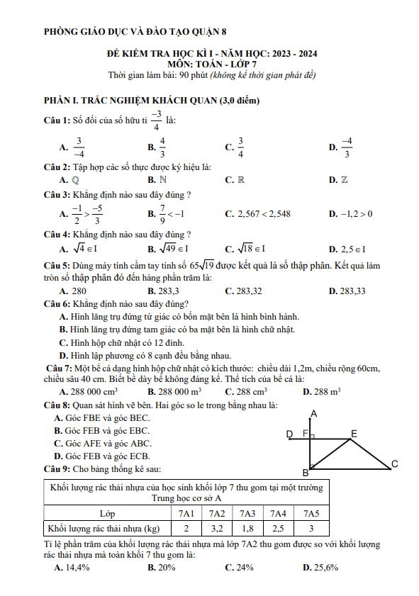Đề cuối học kì 1 (HK1) lớp 7 môn Toán năm 2023 2024 phòng GD ĐT quận 8 TP HCM