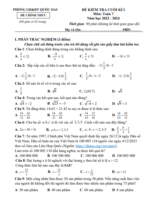 Đề cuối học kì 1 (HK1) lớp 7 môn Toán năm 2023 2024 phòng GD ĐT Quốc Oai Hà Nội
