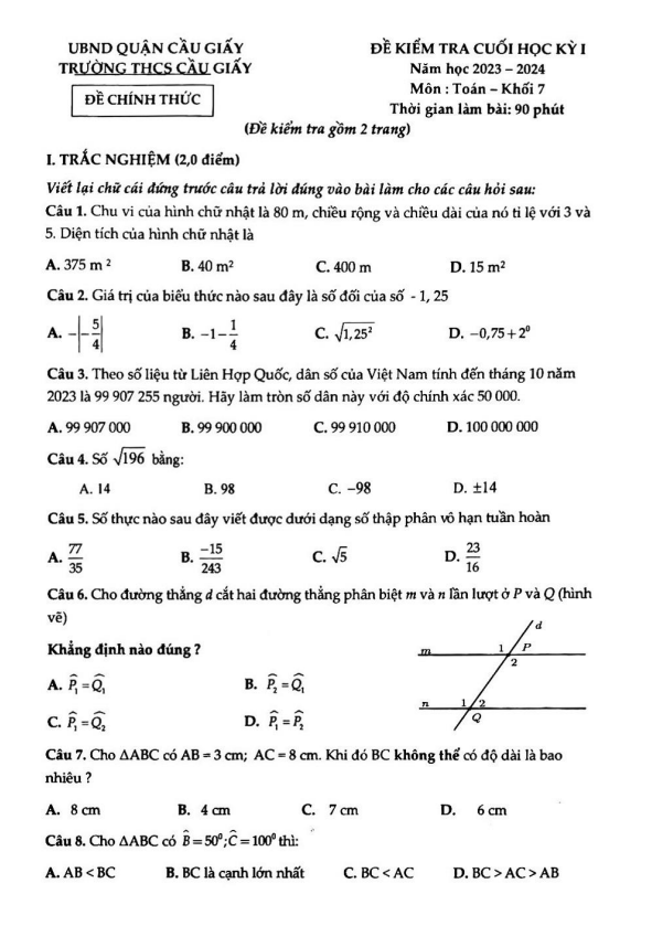 Đề cuối học kì 1 (HK1) lớp 7 môn Toán năm 2023 2024 trường THCS Cầu Giấy Hà Nội
