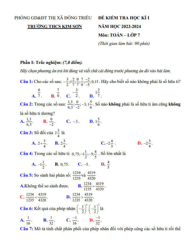 Đề cuối học kì 1 (HK1) lớp 7 môn Toán năm 2023 2024 trường THCS Kim Sơn Quảng Ninh