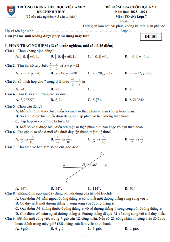 Đề cuối học kì 1 (HK1) lớp 7 môn Toán năm 2023 2024 trường Việt Anh 2 Bình Dương