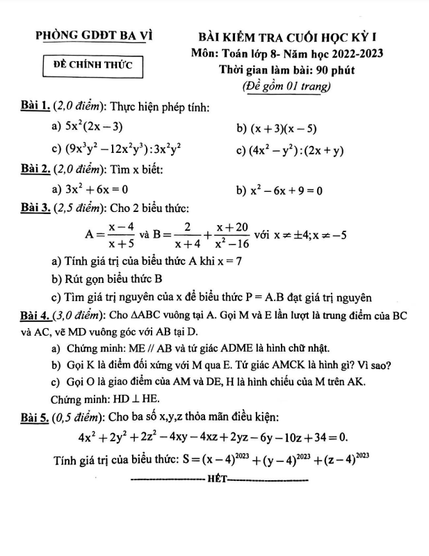 Đề cuối học kì 1 (HK1) lớp 8 môn Toán năm 2022 2023 phòng GD ĐT Ba Vì Hà Nội