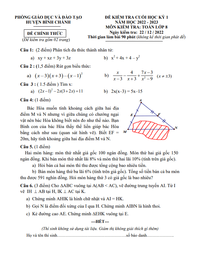 Đề cuối học kì 1 (HK1) lớp 8 môn Toán năm 2022 2023 phòng GD ĐT Bình Chánh TP HCM