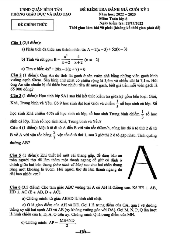 Đề cuối học kì 1 (HK1) lớp 8 môn Toán năm 2022 2023 phòng GD ĐT Bình Tân TP HCM