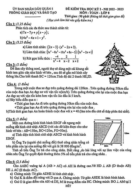 Đề cuối học kì 1 (HK1) lớp 8 môn Toán năm 2022 2023 phòng GD ĐT Quận 5 TP HCM