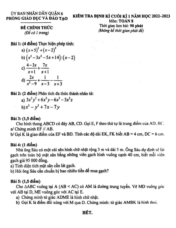 Đề cuối học kì 1 (HK1) lớp 8 môn Toán năm 2022 2023 phòng GD ĐT Quận 6 TP HCM
