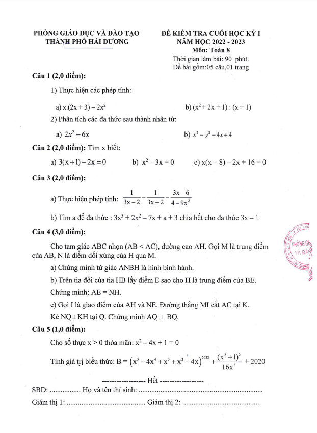 Đề cuối học kì 1 (HK1) lớp 8 môn Toán năm 2022 2023 phòng GD ĐT thành phố Hải Dương