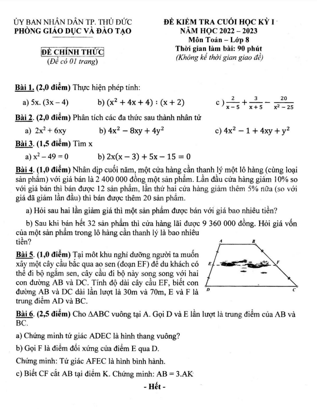 Đề cuối học kì 1 (HK1) lớp 8 môn Toán năm 2022 2023 phòng GD ĐT Thủ Đức TP HCM