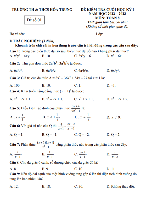 Đề cuối học kì 1 (HK1) lớp 8 môn Toán năm 2022 2023 trường TH THCS Hóa Trung Thái Nguyên