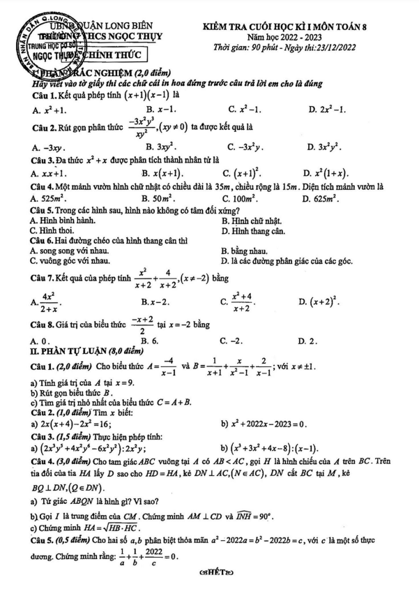 Đề cuối học kì 1 (HK1) lớp 8 môn Toán năm 2022 2023 trường THCS Ngọc Thụy Hà Nội