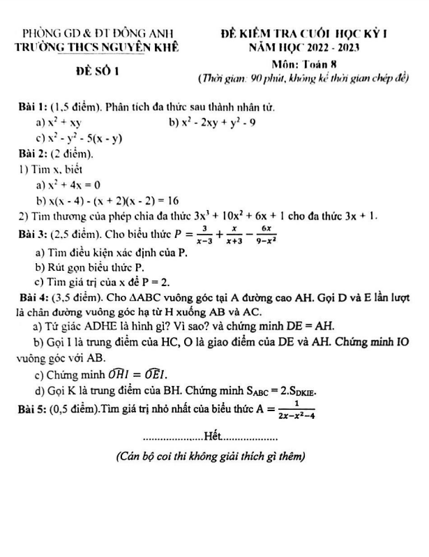 Đề cuối học kì 1 (HK1) lớp 8 môn Toán năm 2022 2023 trường THCS Nguyên Khê Hà Nội