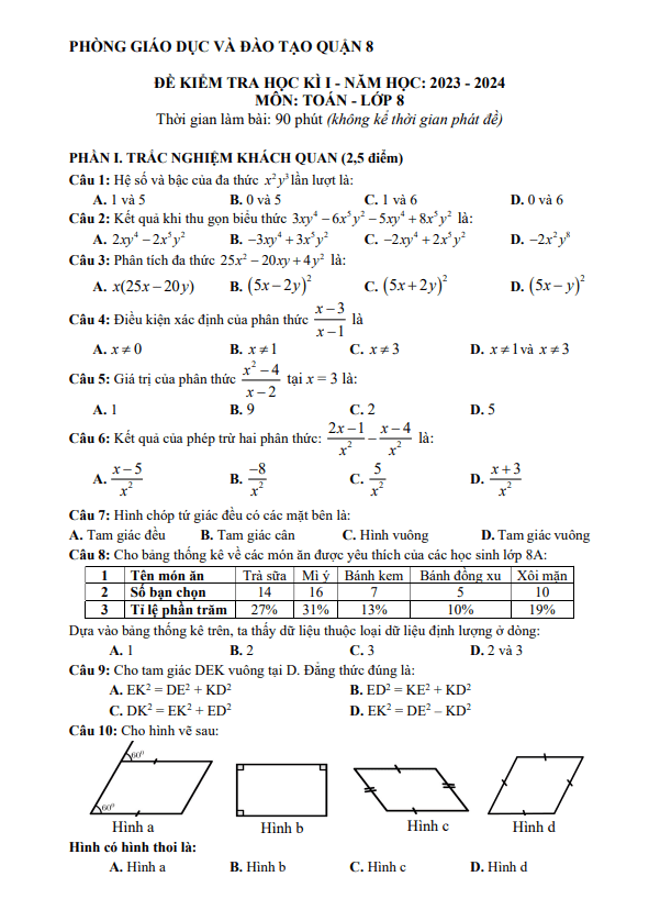 Đề cuối học kì 1 (HK1) lớp 8 môn Toán năm 2023 2024 phòng GD ĐT quận 8 TP HCM