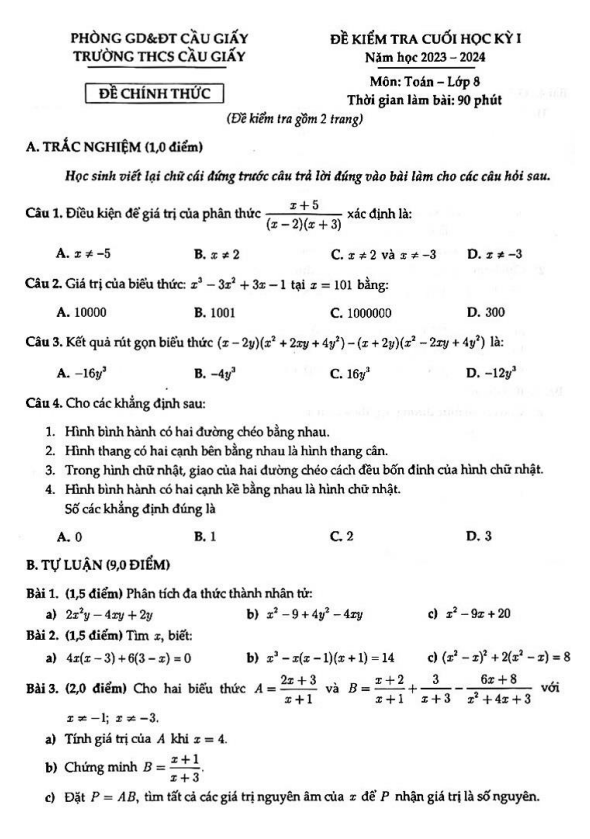 Đề cuối học kì 1 (HK1) lớp 8 môn Toán năm 2023 2024 trường THCS Cầu Giấy Hà Nội