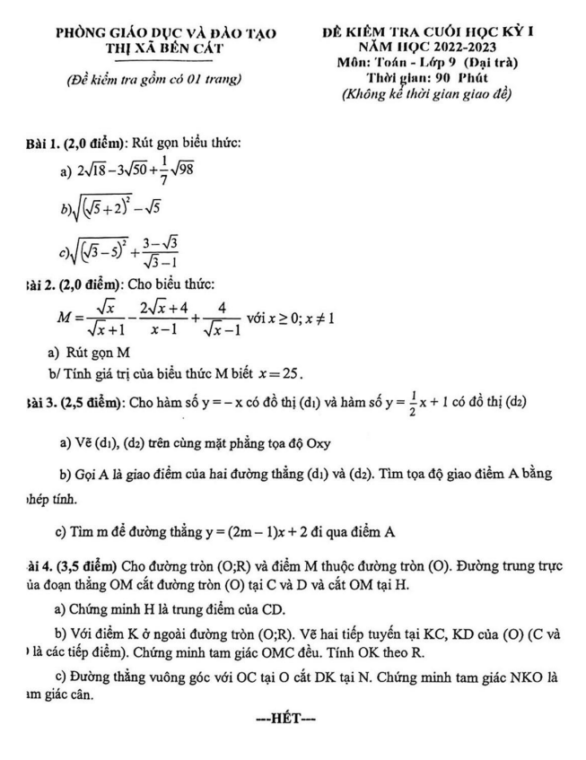 Đề cuối học kì 1 (HK1) lớp 9 môn Toán năm 2022 2023 phòng GD ĐT Bến Cát Bình Dương