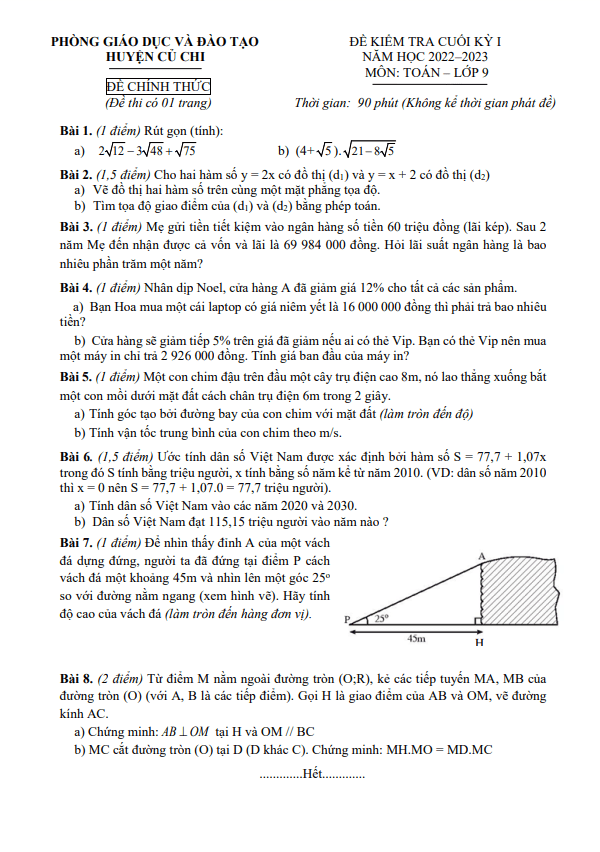 Đề cuối học kì 1 (HK1) lớp 9 môn Toán năm 2022 2023 phòng GD ĐT Củ Chi TP HCM