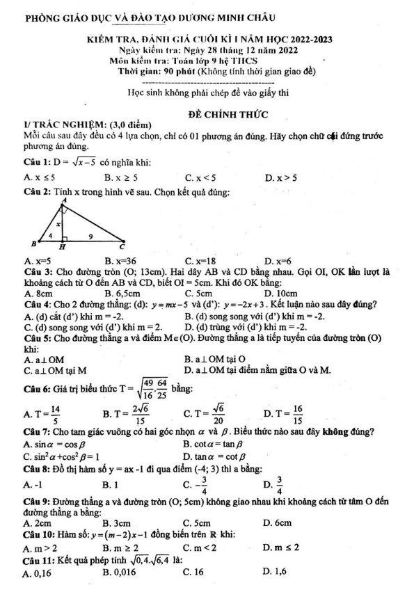 Đề cuối học kì 1 (HK1) lớp 9 môn Toán năm 2022 2023 phòng GD ĐT Dương Minh Châu Tây Ninh
