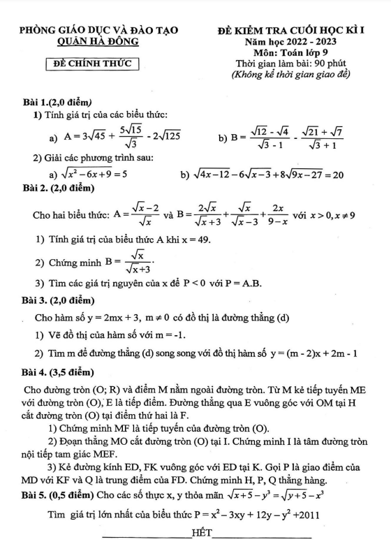 Đề cuối học kì 1 (HK1) lớp 9 môn Toán năm 2022 2023 phòng GD ĐT Hà Đông Hà Nội