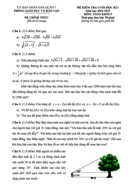 Đề cuối học kì 1 (HK1) lớp 9 môn Toán năm 2022 2023 phòng GD ĐT Quận 7 TP HCM