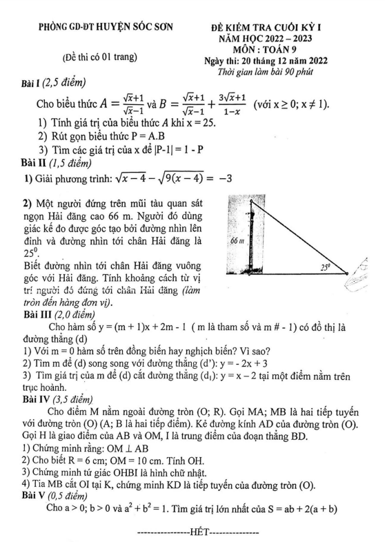 Đề cuối học kì 1 (HK1) lớp 9 môn Toán năm 2022 2023 phòng GD ĐT Sóc Sơn Hà Nội