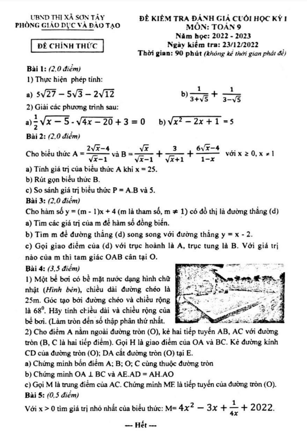 Đề cuối học kì 1 (HK1) lớp 9 môn Toán năm 2022 2023 phòng GD ĐT Sơn Tây Hà Nội