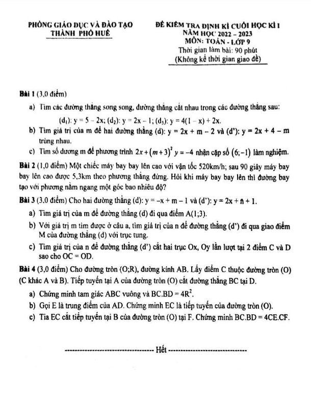 Đề cuối học kì 1 (HK1) lớp 9 môn Toán năm 2022 2023 phòng GD ĐT thành phố Huế