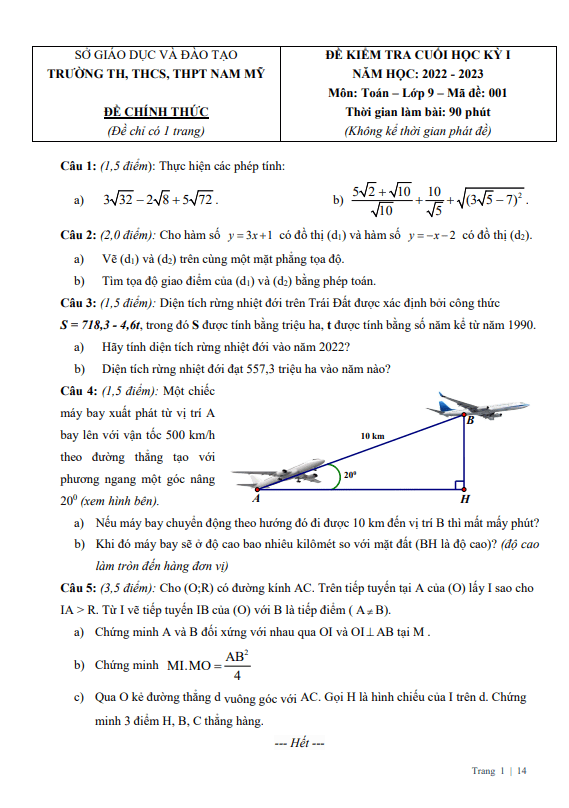Đề cuối học kì 1 (HK1) lớp 9 môn Toán năm 2022 2023 trường Nam Mỹ TP HCM