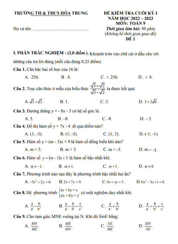Đề cuối học kì 1 (HK1) lớp 9 môn Toán năm 2022 2023 trường TH THCS Hóa Trung Thái Nguyên
