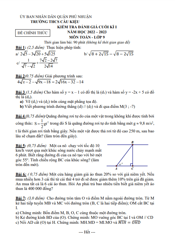 Đề cuối học kì 1 (HK1) lớp 9 môn Toán năm 2022 2023 trường THCS Cầu Kiệu TP HCM