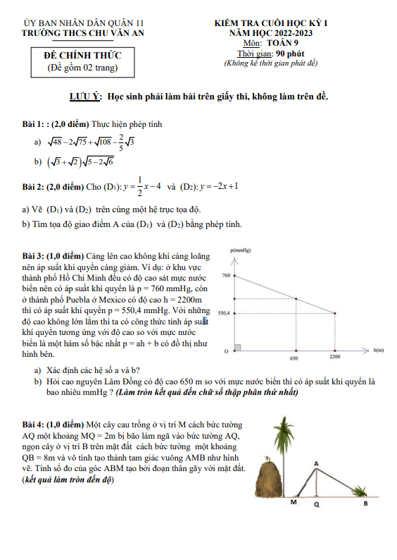 Đề cuối học kì 1 (HK1) lớp 9 môn Toán năm 2022 2023 trường THCS Chu Văn An TP HCM