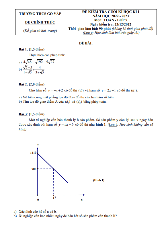 Đề cuối học kì 1 (HK1) lớp 9 môn Toán năm 2022 2023 trường THCS Gò Vấp TP HCM